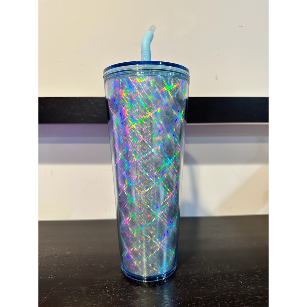 Starbucks Silver Metallic Holographic Star Checkered Slant Straw Cup 2024 - Picture 4 of 9